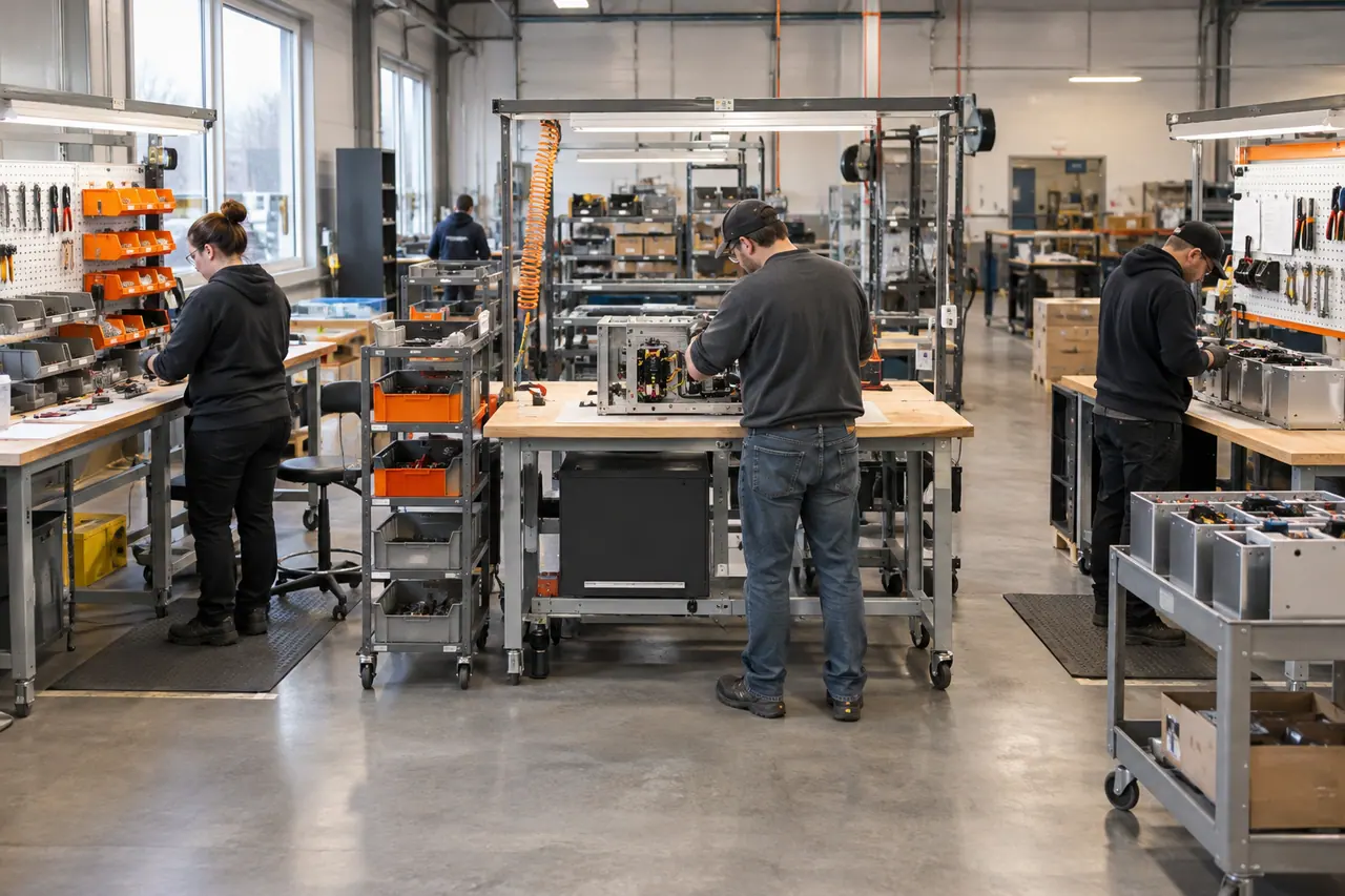 Équipe au travail dans un atelier de production.